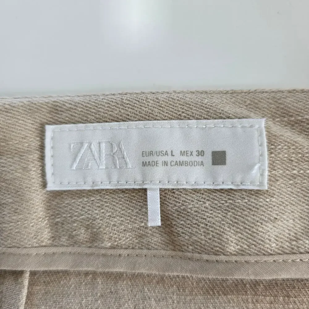 Zara Wide Leg Pants Beige Women Size L Linen Cotton Blend High Rise